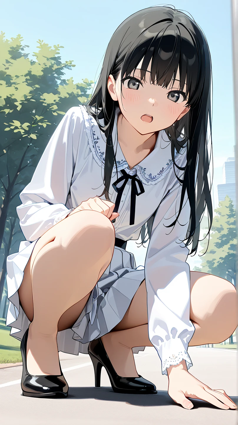1girl in、A smile、The shirt、skirt by the、(small tits)Chilarism、Japan High School Student Uniform、serafuku、summer clothing、Squall Drenched Uniform、(Sheer Bra)、Upper body portrait、Squatting panchira、