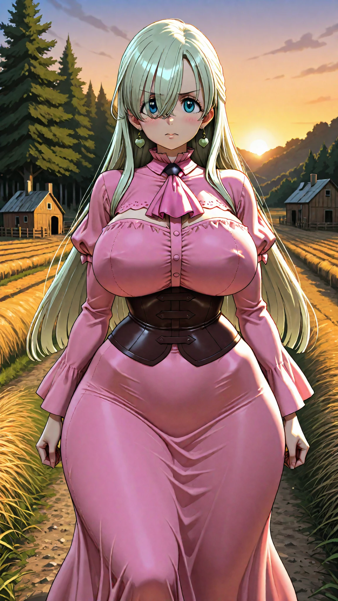masterpiece, 1girl, Kuramitsu mihoshi, brown hair, dark skin, wizard's hat, wizard's robes, holding staff, smiling, blush, castle, brick floor, medieval, dust, fog, sunny, clouds, s, walking, full body, huge breast, thicc, blue eyes, nun, priestess