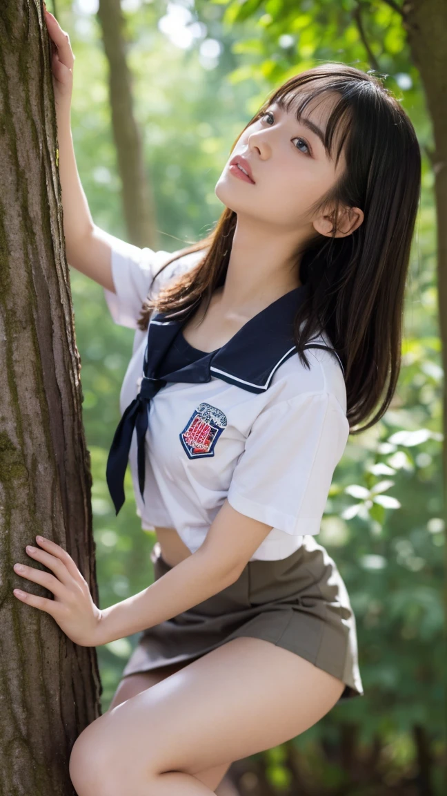 ((1 korean teen girl)), ethereal beautiful, beautiful girl,slim, 17 years old, (short hair),soft light, close up picture, masterpiece, best quality, photo-realistic, high resolution, detailed skin, 8k uhd, dslr, soft lighting, high quality, film grain, Sony A7S, full body, (thai_girlscout_uniform:1.4), simple background, ((spread legs pose)),(flat chest:1.4), (((small breast))), (nsfw:1.4), (nude)