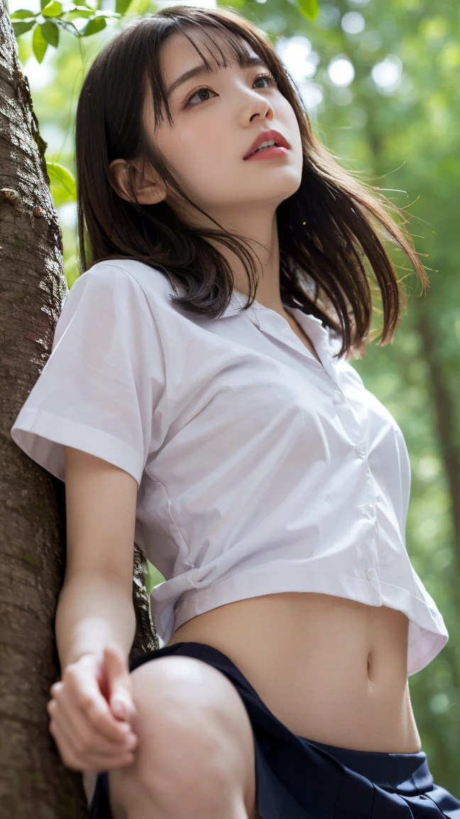 Super beautiful girl、ultra cute girl、Chest touched、jungle in the background、Hands tied、Small、Crowds、The center of attention、Slender body、A wistful look、Depressed、Company Uniform、I don't wear underwear, nffsw, retinas, Anatomically correct, Best Quality, 4K