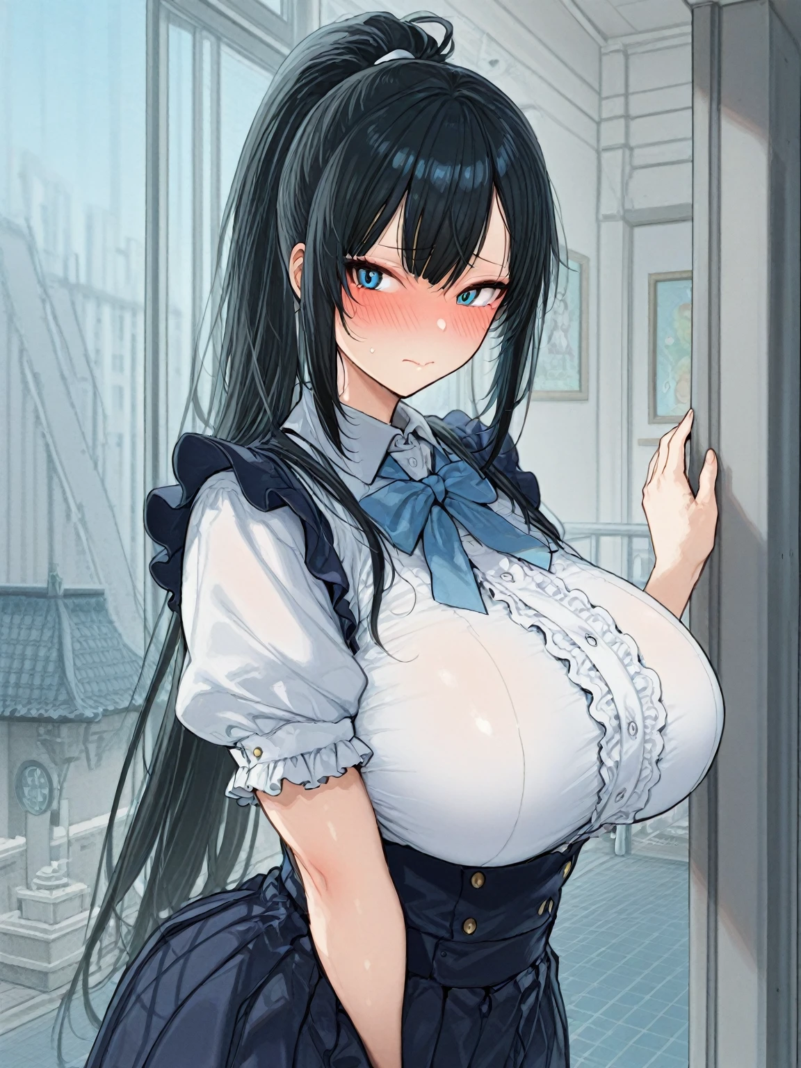 a anime girl wearing black with white shorts showing off her  and sexy white stockings, 1girl, breasts, solo, cleavage, jewelry, pantyhose, large breasts, looking at viewer, thighband pantyhose, blue eyes, indoors, earrings, dress, belt, hoop earrings, choker, bare shoulders, smile, white dress, necklace, black choker, off shoulder, parted lips, bangs