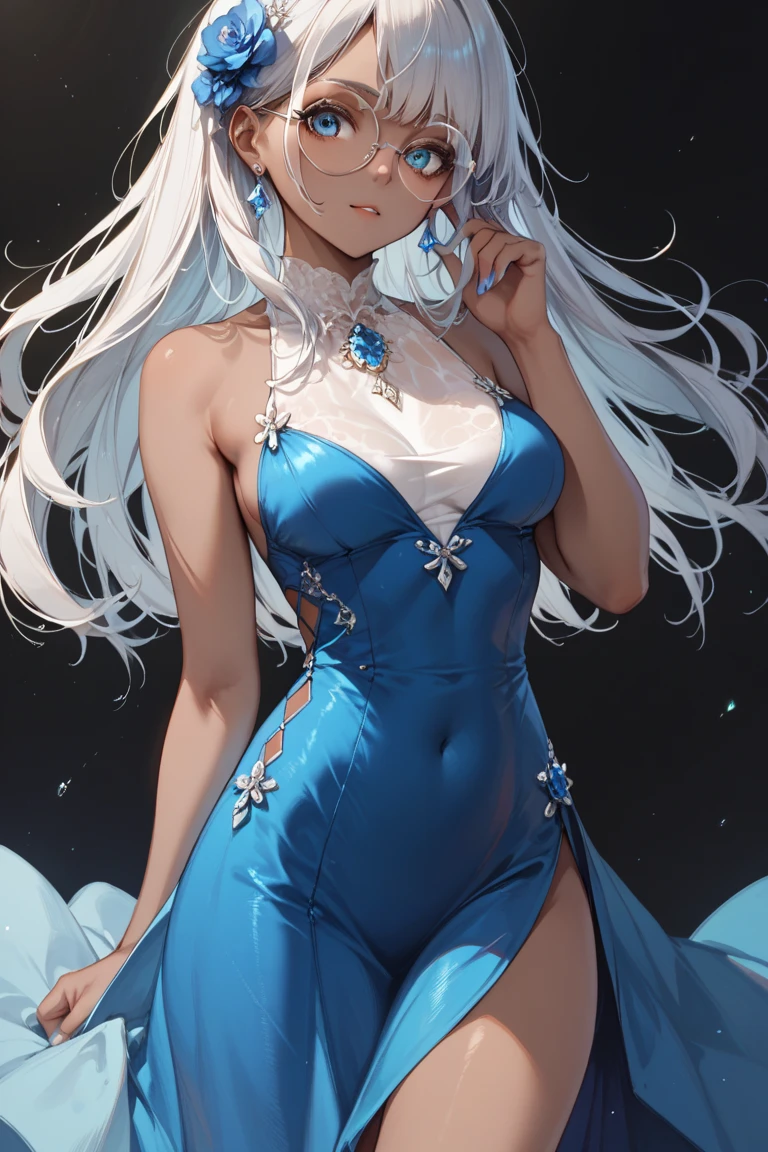 1 girl, Are standing、fullbody、smile、clothing: Blue Check Beachwear Skin Color: Tan Hairstyle: Very long straight hair color: Pure white Eye color: blue、4k、8k、Ultra HD、Ultra delicate、Ultra-precision、