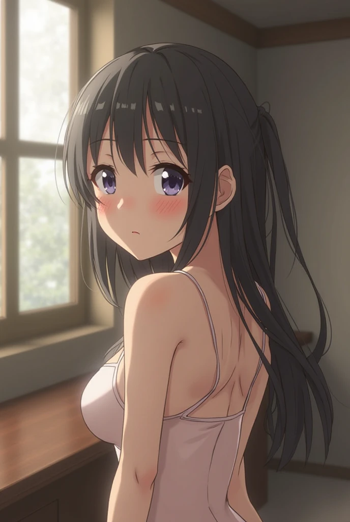 masterpiece,Highest quality,High resolution,figure,Super detailed,8k CG wallpaper,Ray Tracing,(Black Hair:1.1),((Long Hair:1.1)),(black eye:1.1),Straight hair,Medium chest,(Upper body naked1:1.3),Cover your chest with your hands,Leaning forward,((Embarrassing:1.2)),((Sit on the bed:1.2)),yukata,Bedroom at night,front,Thighs