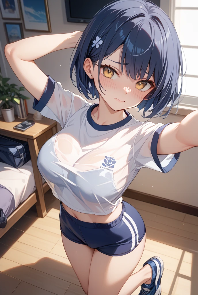 (masterpiece、Highest quality、Very detailed))、One girl、Black Hair、((short hair))、Diagonal bangs、Light blue eyes、evil smile、((Grin))、((Very small breasts))、((gym uniform))、Short sleeve、((steam))、((Sweat))、((clothes lift))、((light blue bra))、Cowboy Shot、((bent over))、Gym storeroom