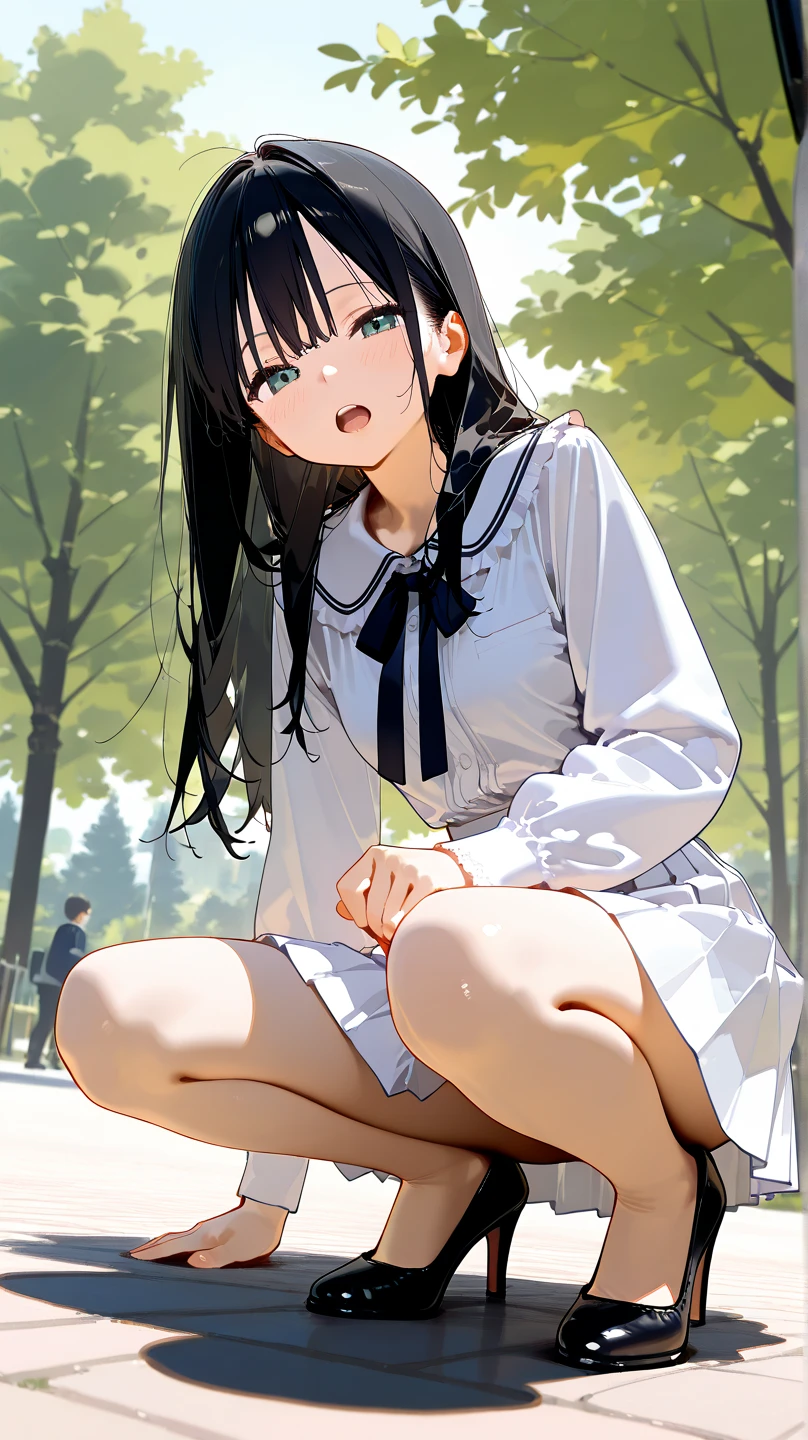 masterpiece, best quality, in a meadow, comic, bishoujo, medium breasts, barefoot, bare_legs, school uniform, fishnet pantyhose, black thighhighs, bare legs, skirt lift, oral/,