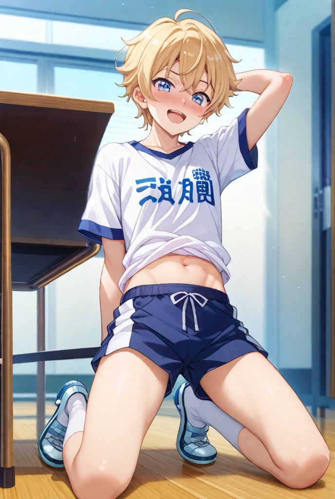 masterpiece, best quality, high quality, 1boy, solo, male focus, looking at viewer, full body, subaru_uchimaki, , tank top, satin white shorts