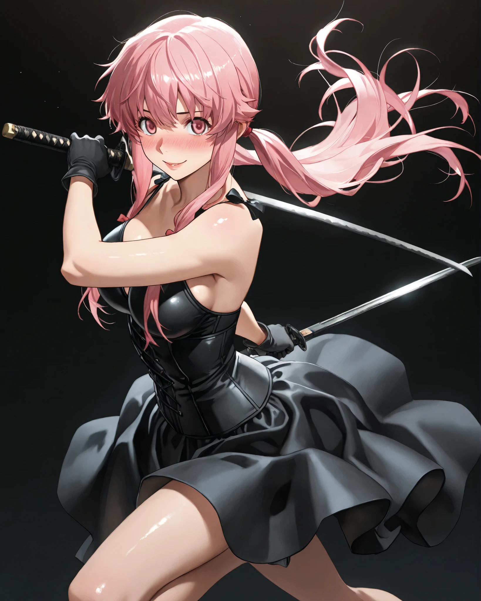 closeup, Sluisap, eyes、usnr、GBF_style、748cmstyle、32K、Semi-realistic、 super detailed description 、Artwork、Original Works、 detailed color、 detailed eyes、 detailed lips 、 The Greatest Masterpiece、Professional work、large Breasts、 Death note character , Misa Amane , Misa Amane , solo , 1 girl , alone , ( Misa Amane :1.3 cosplay ) , dark background , cowboy shot, , full frame , full length , shiny body, sexy ,( full body view1:3), , full body view , blue eyes color , normal breast , looking at the viewer ,sitting , bare legs seductive smile , blushing , black background , full body view , sitting on all fours , arched back , wearing a closeup, Sluisap, eyes、usnr、GBF_style、748cmstyle、32K、Semi-realistic、 super detailed description 、Artwork、Original Works、 detailed color、 detailed eyes、 detailed lips 、 The Greatest Masterpiece、Professional work、large Breasts、 Future diary character , Yuno Gasai , Yuno Gasai , (Yuno Gasai:1.3 cosplay ) , dark background , cowboy shot, , full frame , full length , shiny body, sexy ,( full body view1:3), , full body view , blue eyes color , normal breast , looking at the viewer , bare legs seductive smile , blushing , black background , full body, holding a katana , black gloves , standing upright , standing , evil laugh , nose blush , evil , wearing a black sleeveless dress with a fitted, corset-style bodice, The dress has thin shoulder straps, tied into small bows, , pink hair ,pink eyes , action pose