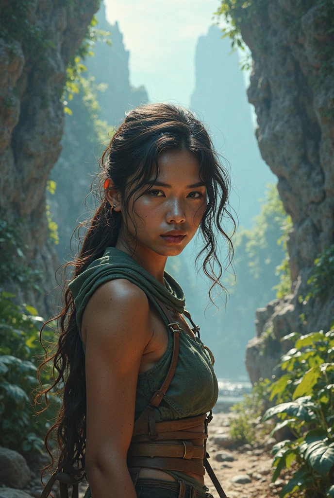 One of , in a pine forest, face similar to lara croft and wearing a beige t-shirt an innocent look and medium breasts