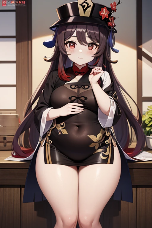masterpiece, best quality,
1girl, obese hu tao (genshin impact), boo tao,hat, red eyes, obese body, small chest, obese belly, fat thick thighs, twintails, brown hair, solo, symbol-shaped pupils, long hair,bangs, black shorts , chinese clothes,