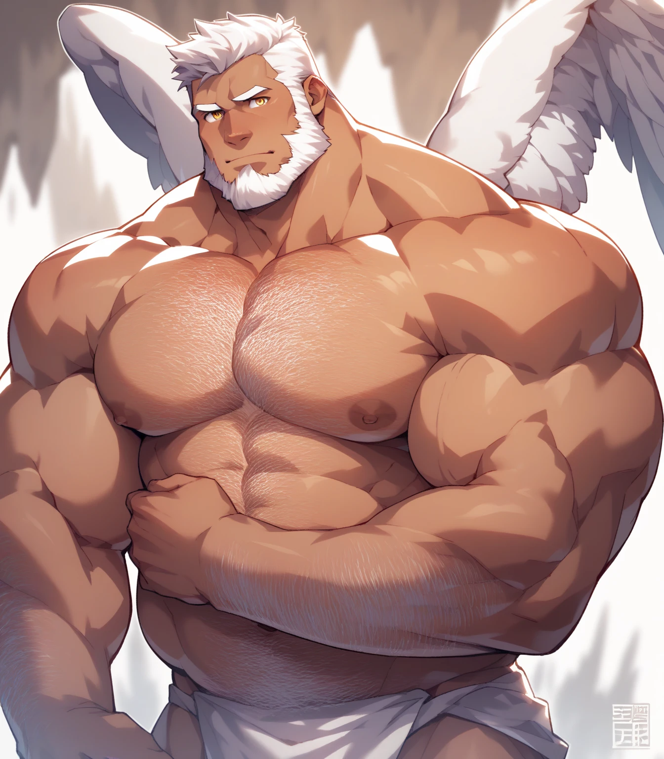 heaven, Solo, 1boy, perfect anatomy, angel, drone view, white skin, high shoot, up view, perfect proportion, (huge halo, wing, angel wings), sharp eyes, big eyes, peaceful, angel eyes, halo, (smile, happiness), calm, perfect fingers, big hand, fingers. Huge Muscular Old man with short hair, shoes, (white shorts), view from side, pectoral, thick arms, huge pectoral, wide pectoral, white hair, white beards, simple background, masterpiece, semirealistic:1.2, high detailed, 8k, high resolution, perfect center, full view. ((really big muscle, massive muscular, sixpack, thick arms, wide pectoral, super huge muscle, hyper muscular, over sized muscle, huge arms, big arms, huge pectoral))