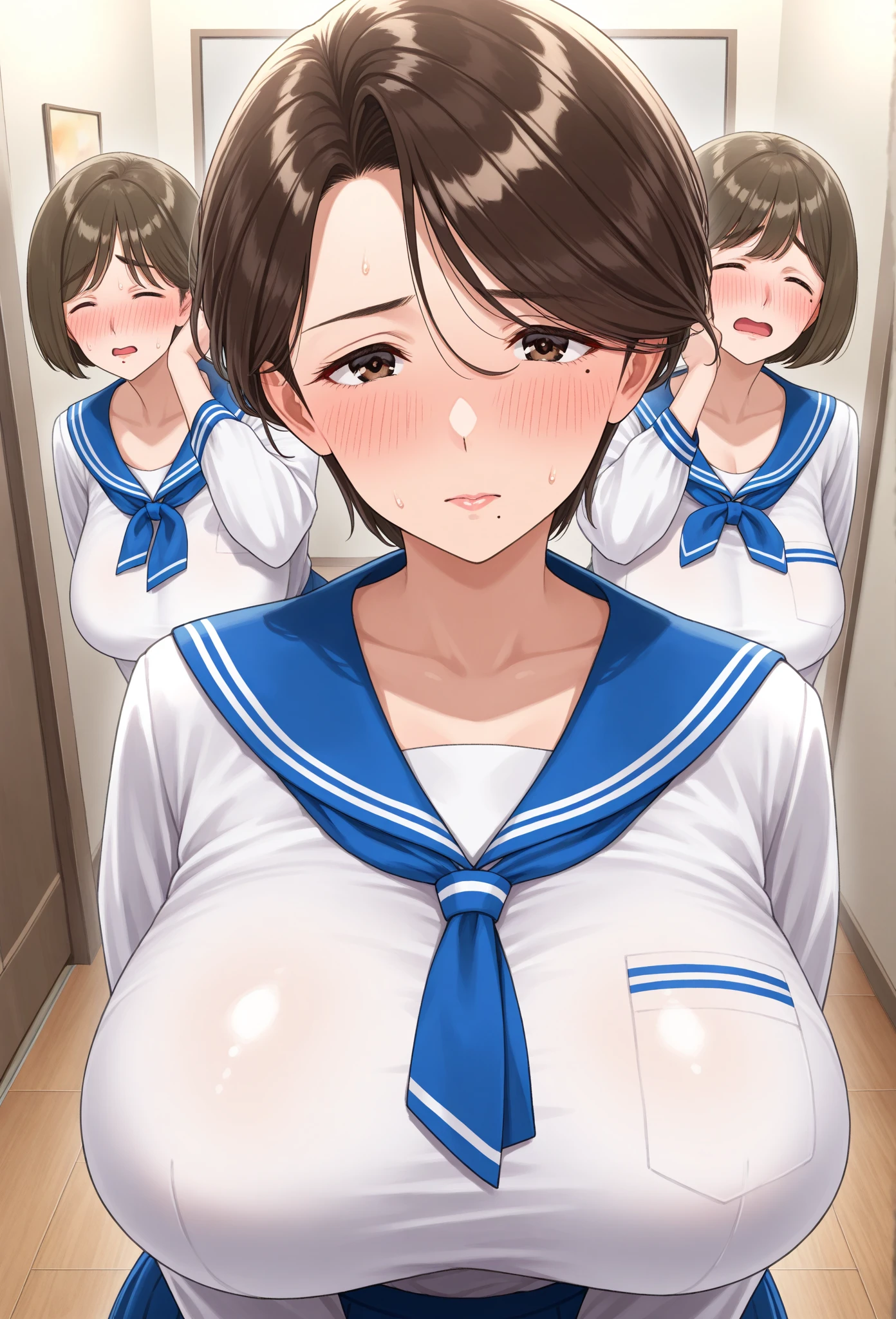 2girls, paizuri, between the breassts squegether, my senpai and club president gives me a titfuck inside of tlocker room, naughty senpai, cleavage, clothes lift uniform, bra lift, folded clothes, sweat, naughty face, pubic hair, senpai taking a picture using a smartphone