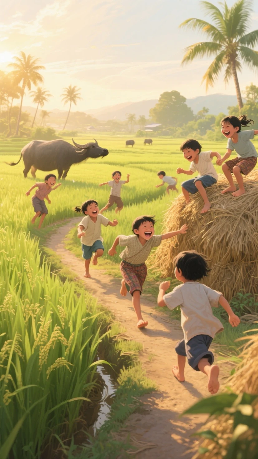 Village woman running after a scared baby who is carrying and running with a fried chicken lap from a kitchen background with people cheering