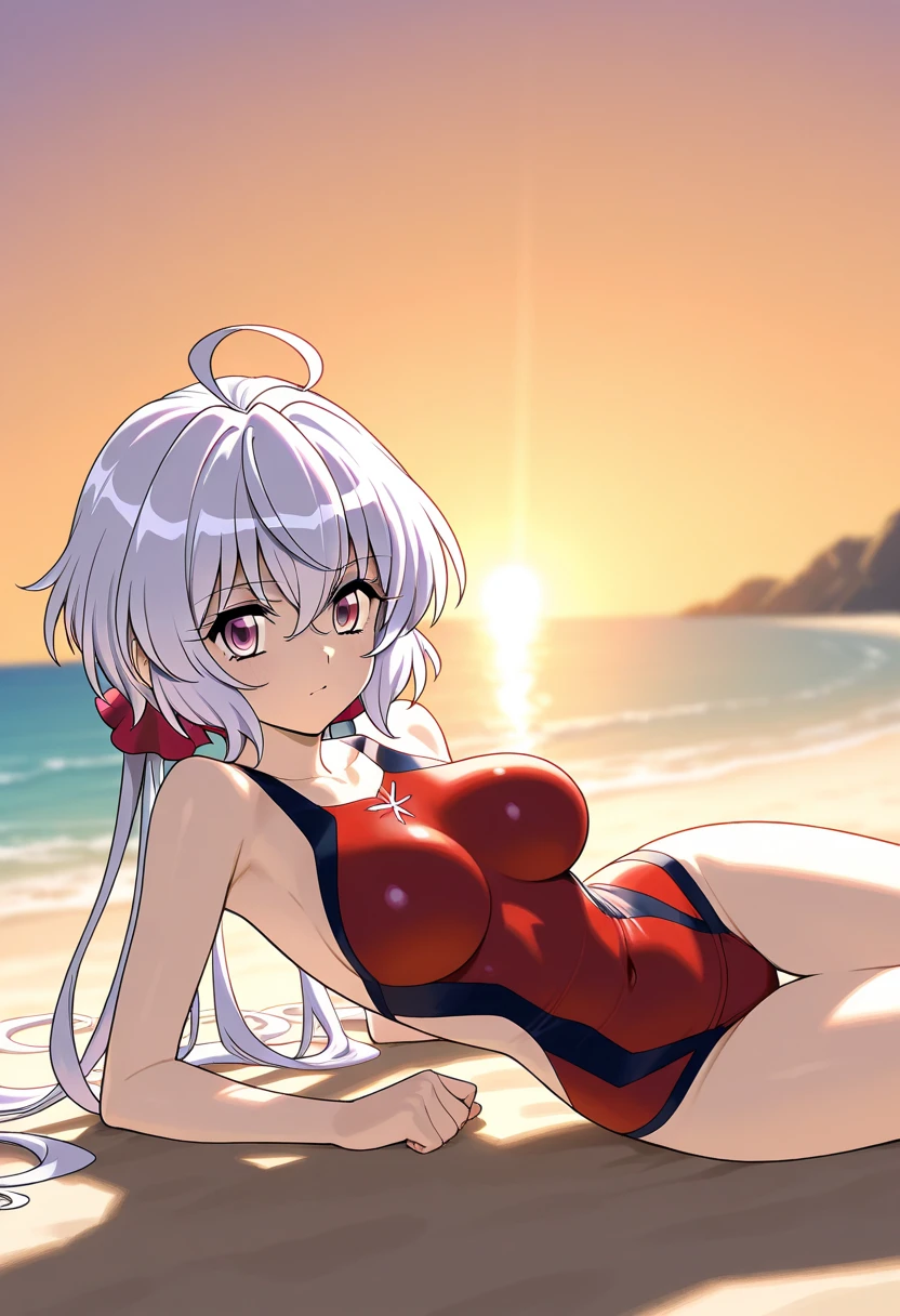 A girl with white hair and pink eyes sitting in a reclining chair on the beach wearing a red bikini with mini shorts with slightly big tits 