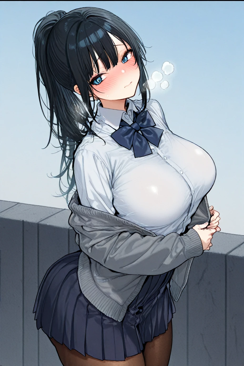 (high quality, High resolution, fine details), Pavement, View from the side, Alone, Girl, Shiny black hair, School uniform, sparkling eyes, (Large round frame glasses), (detailed eyes), medium breasts, tits, neckline, ((gentle smile)), blush, sweat, oily skin, (focus face), shallow depth of field