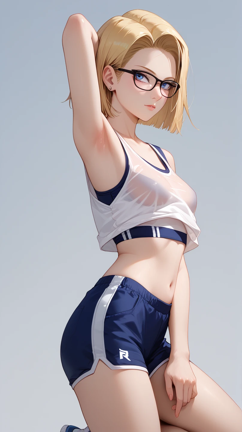Japanese junior and senior high school girl Athletics Club activities Frontal view of the moment of long jump landing Beautiful girl Blonde Short hair Small breasts Beautiful legs Delicate and beautiful skin White tank top Navel exposed Sweating profusely Hair is wildly disheveled Embarrassed expression