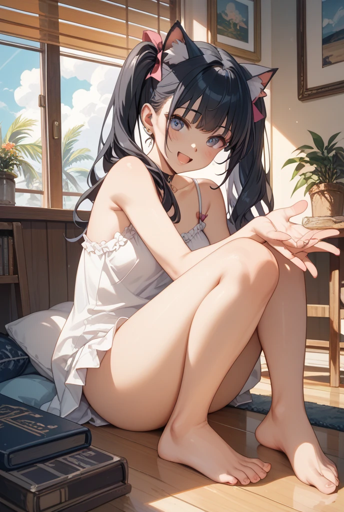 (masterpiece, best quality),
1girl, sitting, (hugging own knees:1.2), looking at viewer, head tilt, lower body, focus,
break girl, camisole,(sideboob:1.2),white skirt, lift skart,(blue and white striped panties1.3), cameltoe, brown hair, twintails, grey eyes, grin, blush, bare shin
break background myroom, couch,(show off panties:1.3),(low view:1.3)