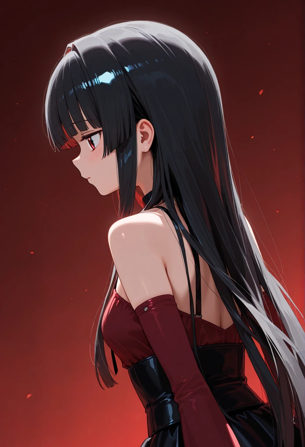 (red dress),red eyes,black hair