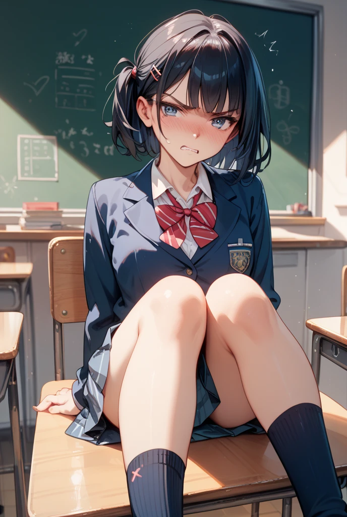 NSFW, In the classroom, Standing in front of the blackboard (master piece, highest quality), one beautiful girl, 16 years old, bra is visible, (sexy panties), fluffy pubic hair, ((sexy thighs)), (sailor uniform cardigan, navy pleated skirt), wide angle, best lighting, best shadows, (open your mouth a little), (a shy look), physical education sitting, low twintails, high ponytail, curl bob hair, a shy look