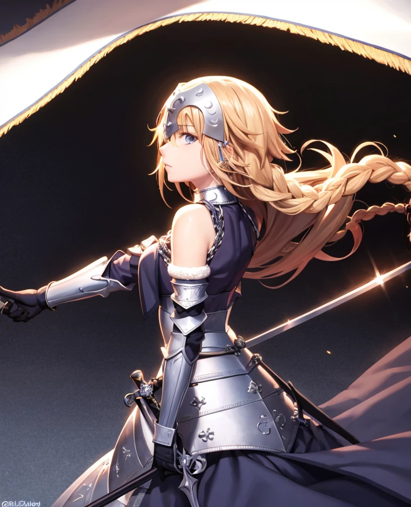 masterpiece, best quality,1girl,,solo, long hair, blonde hair, jeanne d'arc (fate), armor, blue eyes, weapon,back,(bare back:1.2),bare shoulder,chain in back,chain on back, sword, armored dress, gauntlets, headpiece, jeanne d'arc (third ascension) (fate),(kbxll:1)