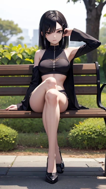 A beautiFul girl in a black dress sitting on a wooden platForm, アニメ, Roses garden, beautiFul and sunny day, black lolita dress with lots oF ruFFles, Floral print dress, manga curta, lolita choker, low-cut chest, big round breasts, white lace thigh high stockings, black lolita shoes, dark brown hair, gradient bangs, French braid, long hair, hypdertailed, Wavy hair, swept bangs, shiny hair, hair clip, hair ribbon, hair Flower, jewerly, lolita hairband, water eyes, glare eyes, students shining, aretes, drlight smile, blush, glad, Red lips, Waist slender, shapely legs, beautiFul thighs, princess dress, skirt short, high détail, アニメ, hesitant, image Fill, perspective, wide angle, F/1.8, 85mm, Sony FE GM, 8k, 8k wallpaper, super detaill, highly detailed CG, ultra HD, retina, work of art, precise, anatomically correcte, texturized skin, high resolution, best qualityer:1.3, 16K