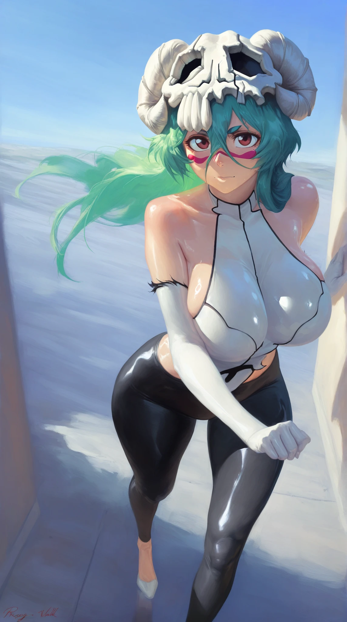 nellieltuodelschwanck, nelliel tu odelschwanck, long hair, green hair, (facial mark:1.5), skull, (brown eyes:1.5), green hair,
BREAK espada suit, dress, white dress, long sleeves, collar, skirt, white skirt, gloves, white gloves,
BREAK outdoors, desert, sky, sun, cloud,
BREAK looking at viewer, (cowboy shot:1.5),
BREAK (masterpiece:1.2), best quality, high resolution, unity 8k wallpaper, (illustration:0.8), (beautiful detailed eyes:1.6), extremely detailed face, perfect lighting, extremely detailed CG, (perfect hands, perfect anatomy),cowboy shot,naked,evil smile,sexy pose,show tits,freee the nipple,show