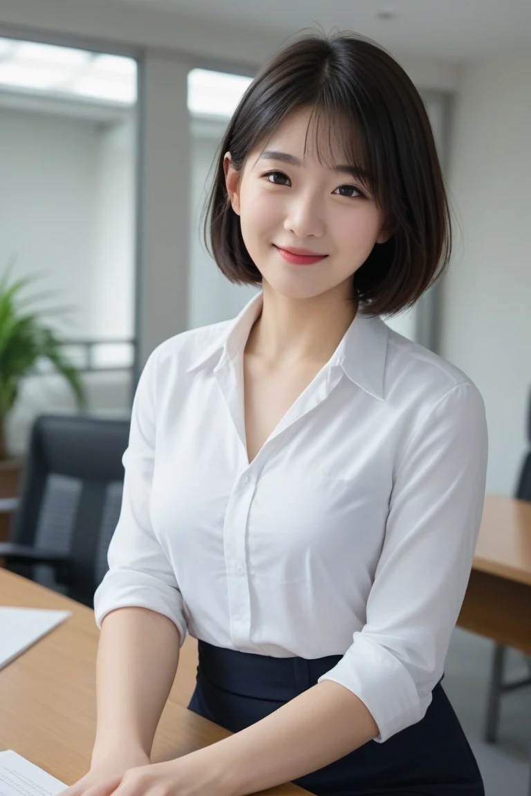 (masterpiece:1.3), (8k, Realistic, Raw photo, highest quality: 1.4), (Real Skin), Beautiful Skin, Charm, Ultra High Resolution, Small breasts:1.5、Smiling face:1.5、Beautiful OL:1.5、office:1.5、short hair:1.5、blouse:1.5、Side angle:1.5、Sitting in a chair:1.5、Tight Skirt:1.5、Panty shot