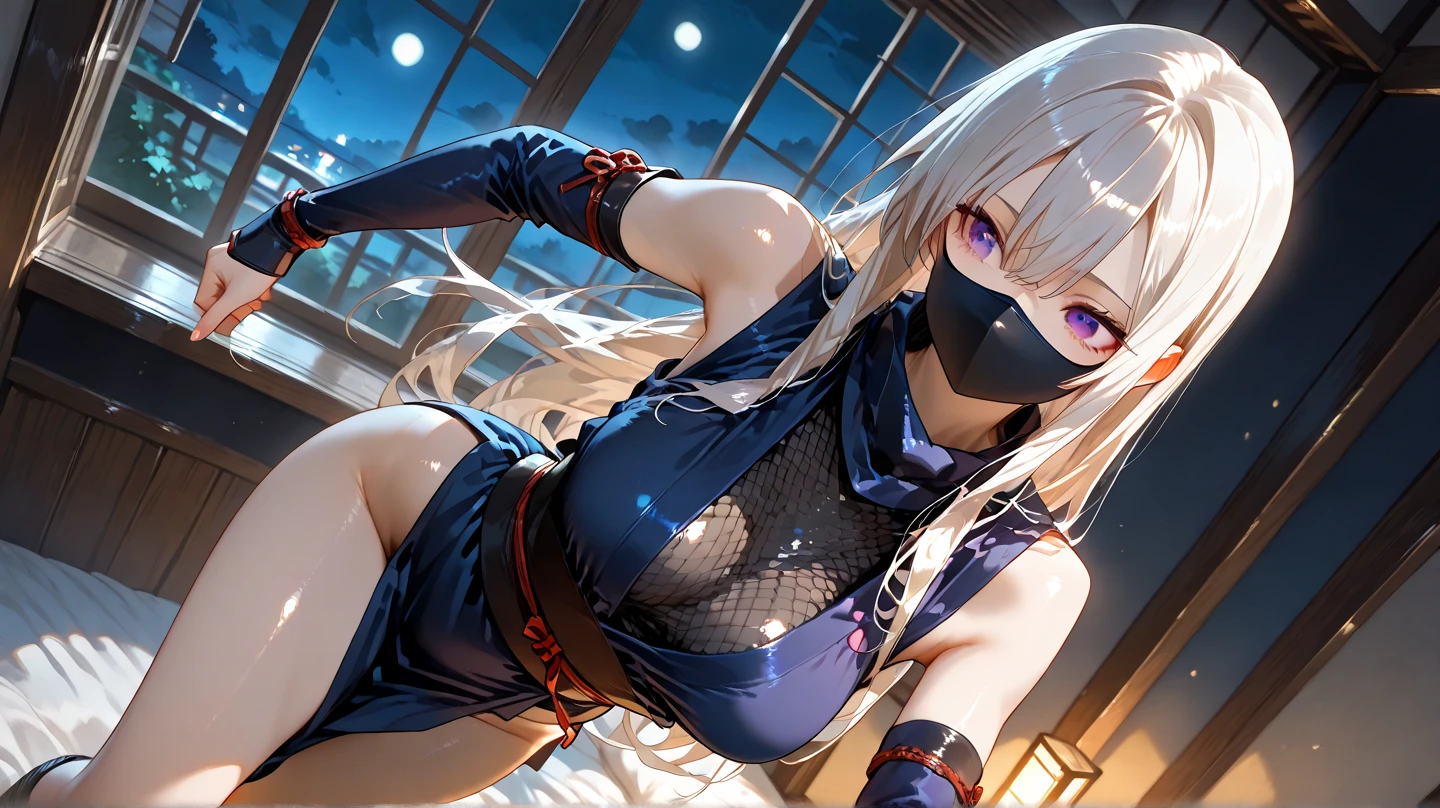 <lora:AiRi:0.8> solo, white hair, long hair, big breasts, thighhighs, jewelry, medium breasts, very long hair, ponytail, braid, mask, covered mouth, ninja, ninja mask, (8k, RAW photo, best quality, masterpiece:1.2), (realistic, photo-realistic:1.4), (extremely detailed CG unity 8k wallpaper), 1 girl, (nsfw), (lying on bed:1.4), long hair, cleavage, (small breasts:1.2), spread legs,
<lora:betterCuteAsian03:0.3>, good hand, high-res,  head:1.3, finely detailed skin, sharp focus, (cinematic lighting), night, soft lighting, dynamic angle, [:(detailed face:1.2):0.2],
<lora:badbrounderwear:0.1>,  fishnets, lingerie, see-through, bodysuit, pantyhose, bare shoulders, halter neck