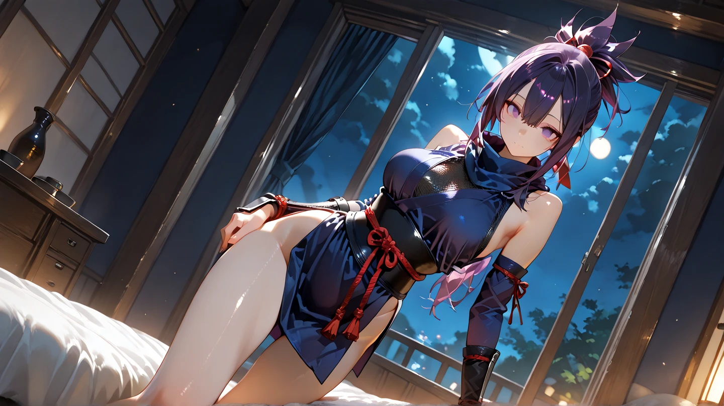 Soft Light, masterpiece, Highest quality,(finely detail),nsfw, armpit, (miyu edelfelt), wariza, from back, anus, clothes reflecting light, detailed body, brown eyes, hair between eyes, black hair, medium hair, hair ribbon, x-shaped hair ornament, small breasts, (erectile nipples), sidelocks, twin tails, kawaii, magical girl , clothing cutout, side cutout, detached long sleeves, (purple leotard), purple thigh highs, white cape, 1 girl, 独奏, (masterpiece, best quality, 8K:1.2), (high quality), (no skirt)