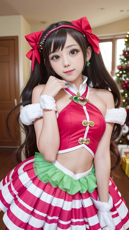 (La mejor calidad, Obra maestra), 1girl, 21 year old , brillar, vestido, Particle, viento, Flor, Parte superior del cuerpo , Mirando al espectador, cabello largo , lindos ojos , vestido rojo de navidad , Christmas Dress , maquillaje , labios rojos , sombra de ojos , hermosa sonrisa , background with christmas , senos grandes , largo cabello color turquesa con mechas moradas, foto de cuerpo completo , pose sexy  , Applejack , ojos color rosa , linda sonrisa , ropa roja santaclaus