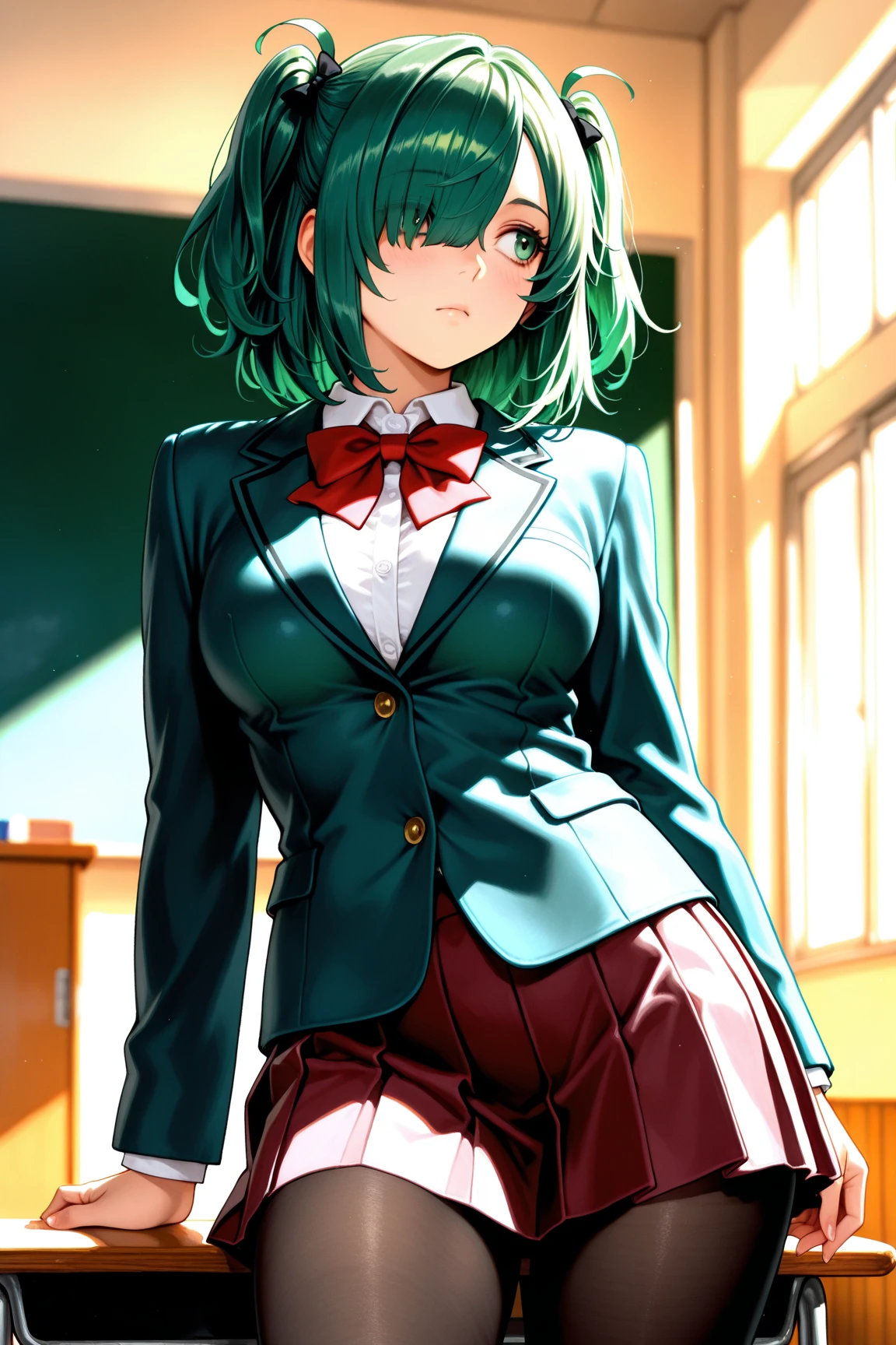 (masterpiece, best quality:1.2), solo, 1girl, tatsumaki, unamused, closed mouth, looking at viewer, hand on own face, sitting, crossed legs, collared shirt, necktie, skirt, pantyhose