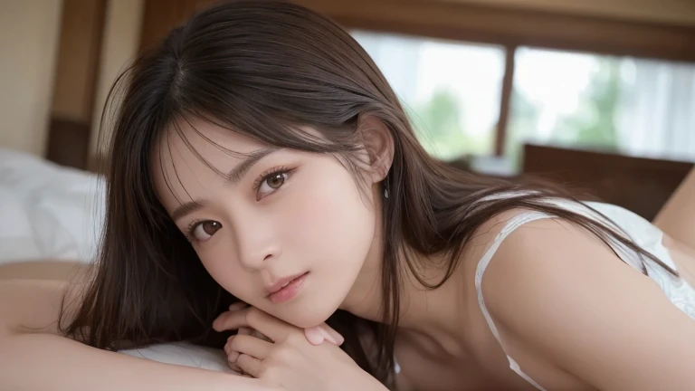 there is a woman laying on a bed with her hands on her face, young cute wan asian face, young asian girl, young adorable korean face, korean girl, beautiful young korean woman, girl cute-fine-face, gorgeous young korean woman, a young asian woman, beautiful south korean woman, posing in bed, lovingly looking at camera, chinese girl, with round cheeks
