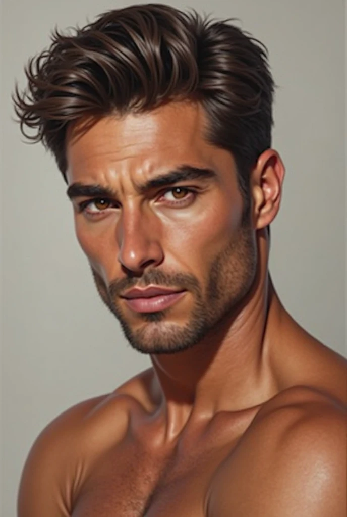 A Brazilian male fashion super model 45 years old, tanned, tattooed, [[[[closeup]]]], [[[[chest]]]], [[[[neck]]]], [[[[shoulders]]]], perfect honey eyes, perfect iris, perfect lips, perfect teeth, perfect skin, short messy hair, soft front light, glow, HDR, (muted colors:1.2)