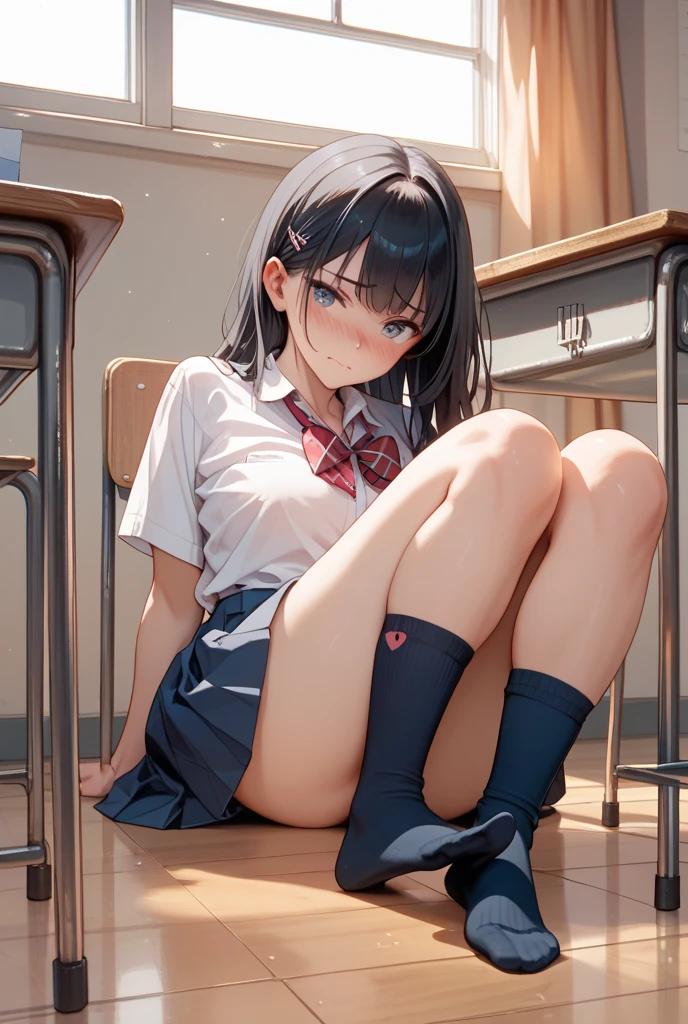 ultra-detailed,best quality,masterpiece,ultra-detailed,high resolution,extremely detailed CG,perfect anatomy,detailed,cinematic lighting,beautiful detailed eyes,ultra high res,1girl,(18 years old:1.4),gleaming skin,oil skin,sweat,humid,trembling,strong light coming in,spot lighting,bright,clothed,(school uniform:1.2),knee-socks,(School stairs:1.3),nsfw,(lace panties:1.3),(cameltoe:1.2),(love juice:0.5),frown,angry,contemptuous,disdain,(hate:1.4),(blush:0.4),looking down,