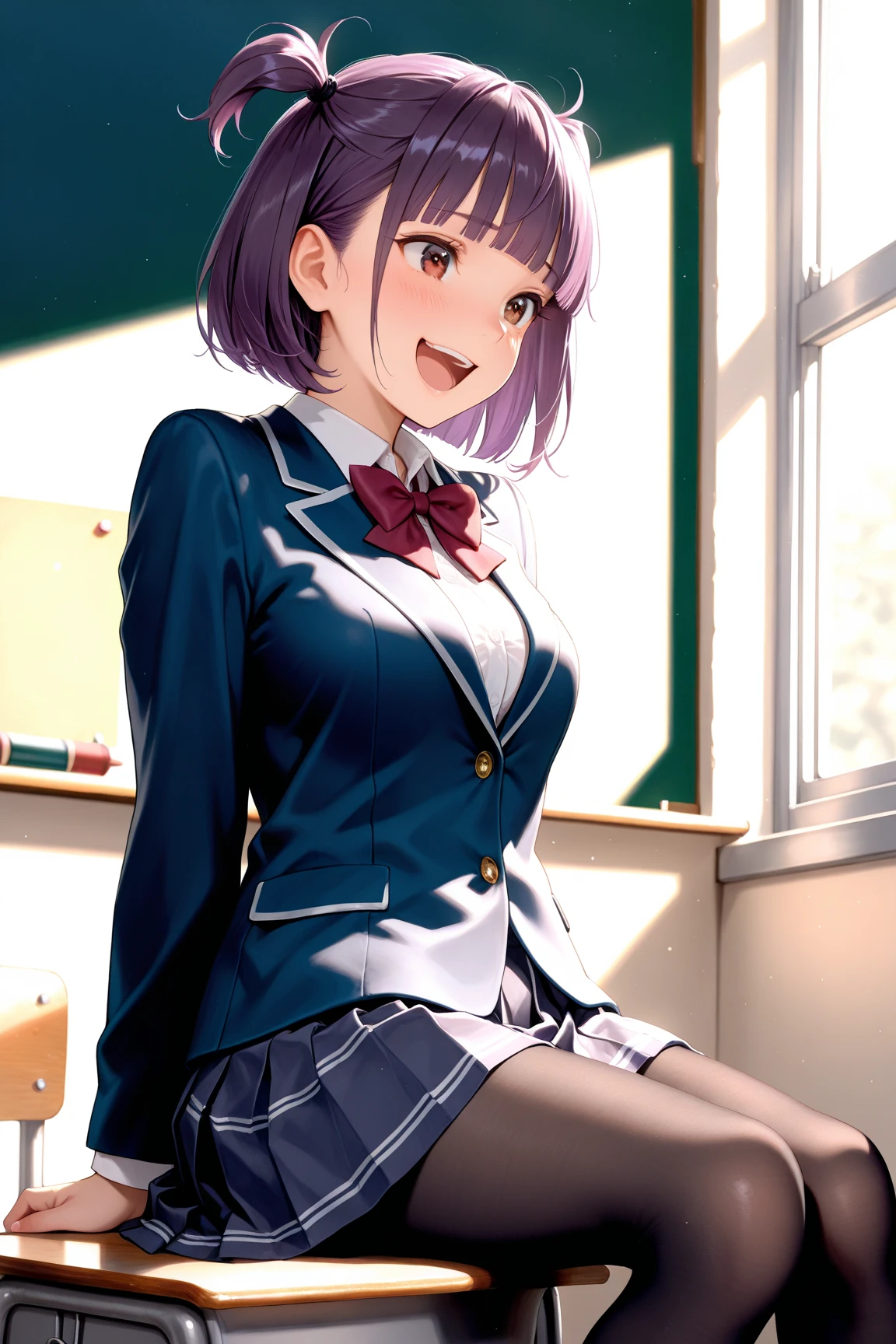 (top-quality、in 8K、32K、​masterpiece、nffsw、超A high resolution、Impresionismo、Photorealsitic:1.2)、Colossal tits、cowboy  shot, detailed faces and eyes、 Inside the classroom、Schools、Evening glow、beauitful face、blurry backround、16-year-old beautiful girl、shinny skin、short-hair、Beautiful blue hair、Blunt bangs、Black eyes、(Katyusha:1.2)、Open Dark Blue Blazer、White blouse、Red-white checked tie、Grey Check Pleated Mini Skirt、Curve、Stand on one knee、(Pink panties are visible:1.2)、Smile with open mouth、Opening legs