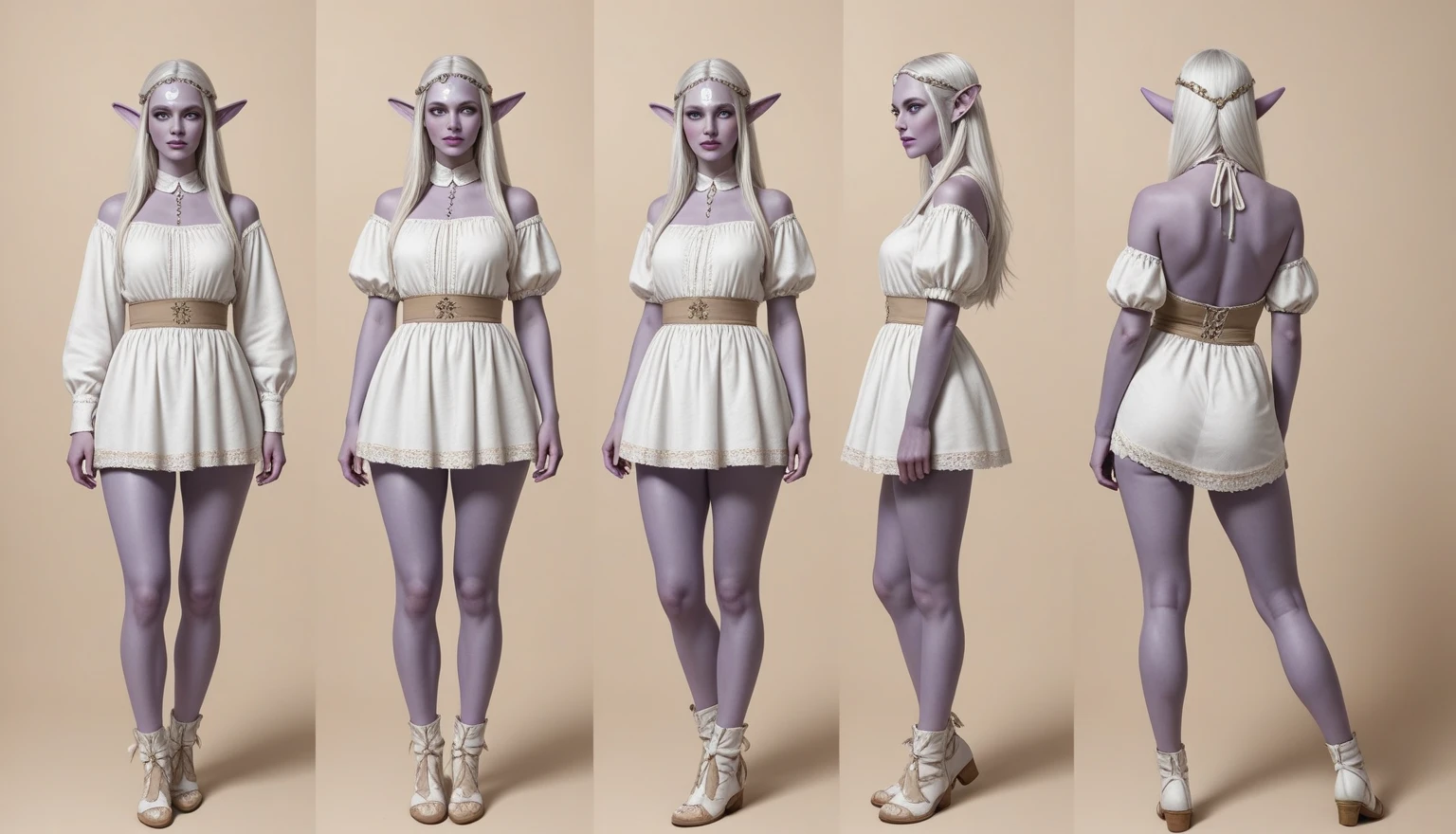 Dark Elf woman with white hair, in white bra, and white high cut panties, purple lipstick, big elven ears, photo realistic, intricate details