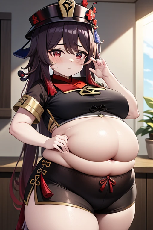 Fat, chubby, large belly, pregnant, obese, very fat, beidou, big belly, very fat, large stomach, chubby (best quality, masterpiece), thanksgiving, wearing sweater, grabbing belly, standing up, table with of food, table tons of food, lots of food, holding belly, table with food, standing, drinking beer