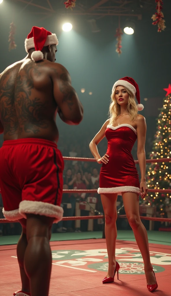 a gorgeous blonde Santa's-helper woman stands alone in the pro-wrestling ring, ditzy, bubbly, giggling, wavy blonde hair, chubby, pale skin, red and white Christmas-themed bikini, garters, boots