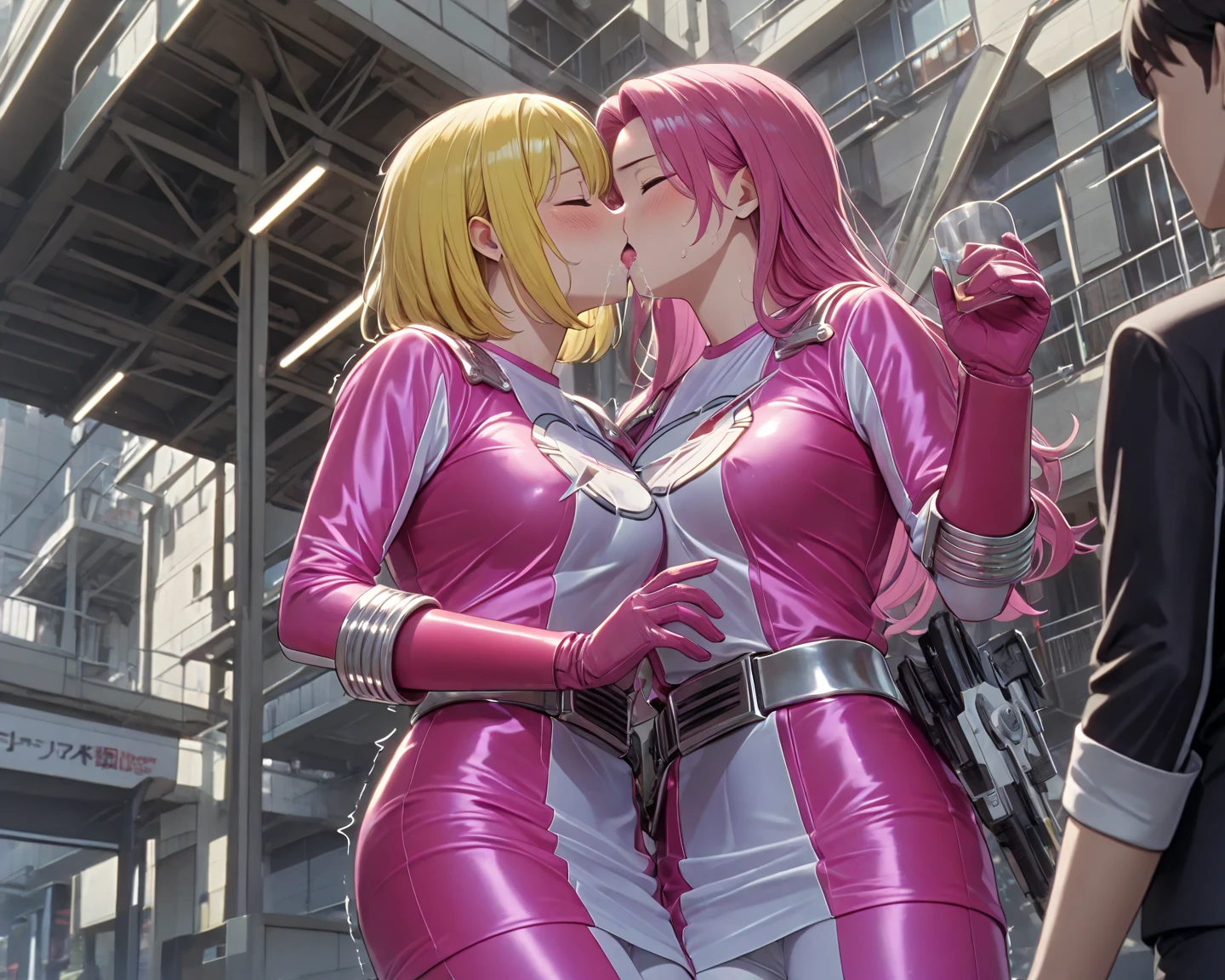 Florence Nightingale, destiny/Grand Order, score_9, score_8_superior, score_7_superior, score_6_superior, score_5_superior, score_4_superior, BREAK sauce_anime, sauce_Explicit, One boy and two girls, The boy is naked, oneshota, Grab your chest, kiss, Face to face, profile, saliva, Megami Magazine, anime screencap, Break 1 Girl, Huge, Trick or Treat Cosplay, Revealing clothing, Shrug \(clothing\), Short sleeve, Layered Bikini, Purple Bikini, Green Bikini, belt, Nurse cap, mini skirt, Green gloves, Knee socks, Garter Straps, Leaning forward, blush, Official Art, Sweat, vapor, Half closed eyes, avert your eyes, night, city