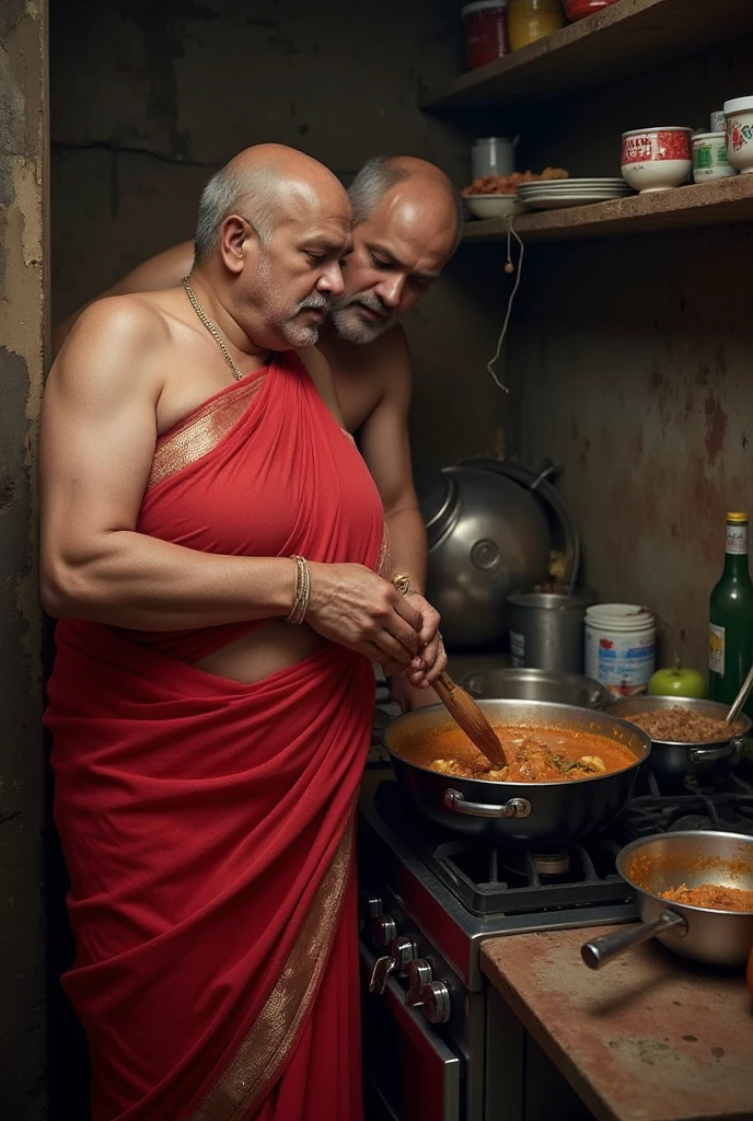 daddy,60 years old,chef cooking indian food,Indian,Dark skin,Black Hair,Gray Hair,Tight muscles,Muscular figure,Wear glasses.,No shirt.,Orange and dark green patterned underwear,Pao Tung,Lying on the dining table.,Indian Cuisine,Indian restaurant,India