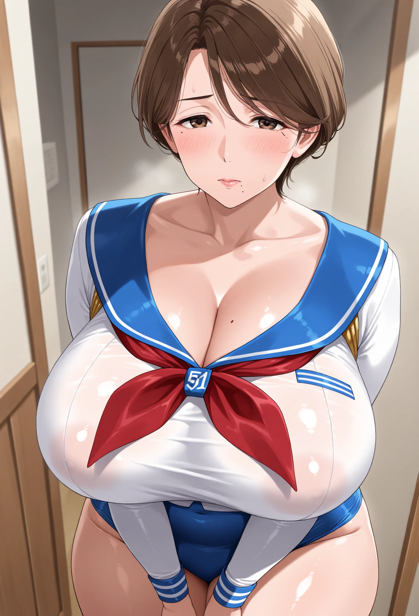 masterpiece, best quality, ultra-detailed, Potrait of beautiful , (chubby) (muscular), (plump), (sexly), (cleavage), ((tomboy)), (アニメ), (Breasts), (Plump), ((very short hair)), ((Uzaki Hana)), (overweight), (Gray Hair), ((Saggy breasts)), (blue eyes), (Short Hair), (blue eyes), ((thick)), (naked), (Nude), (Smelly body), (Sweaty body), (nipple), (naughty smile), (fullbody)