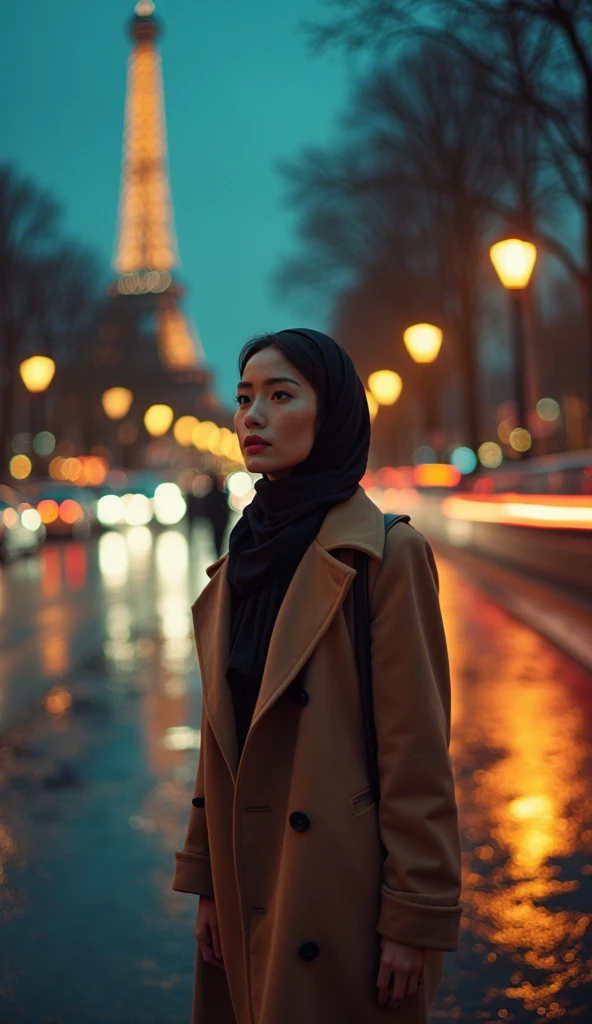 Creating a cinematic shot of a gorgeous Indonesian woman walking in the middle of a park. She is dressed in elegant winter fashion, with a long hijab wrapped around her neck, covering all her hair. Her face is symmetrical and stunning, with natural makeup, and she is exuding a sultry, flirty look. The scene is set at night with drizzling rain, wet streets, and lots of pedestrians strolling around. The Louvre Museum is standing majestically in the background, illuminated against the night sky.