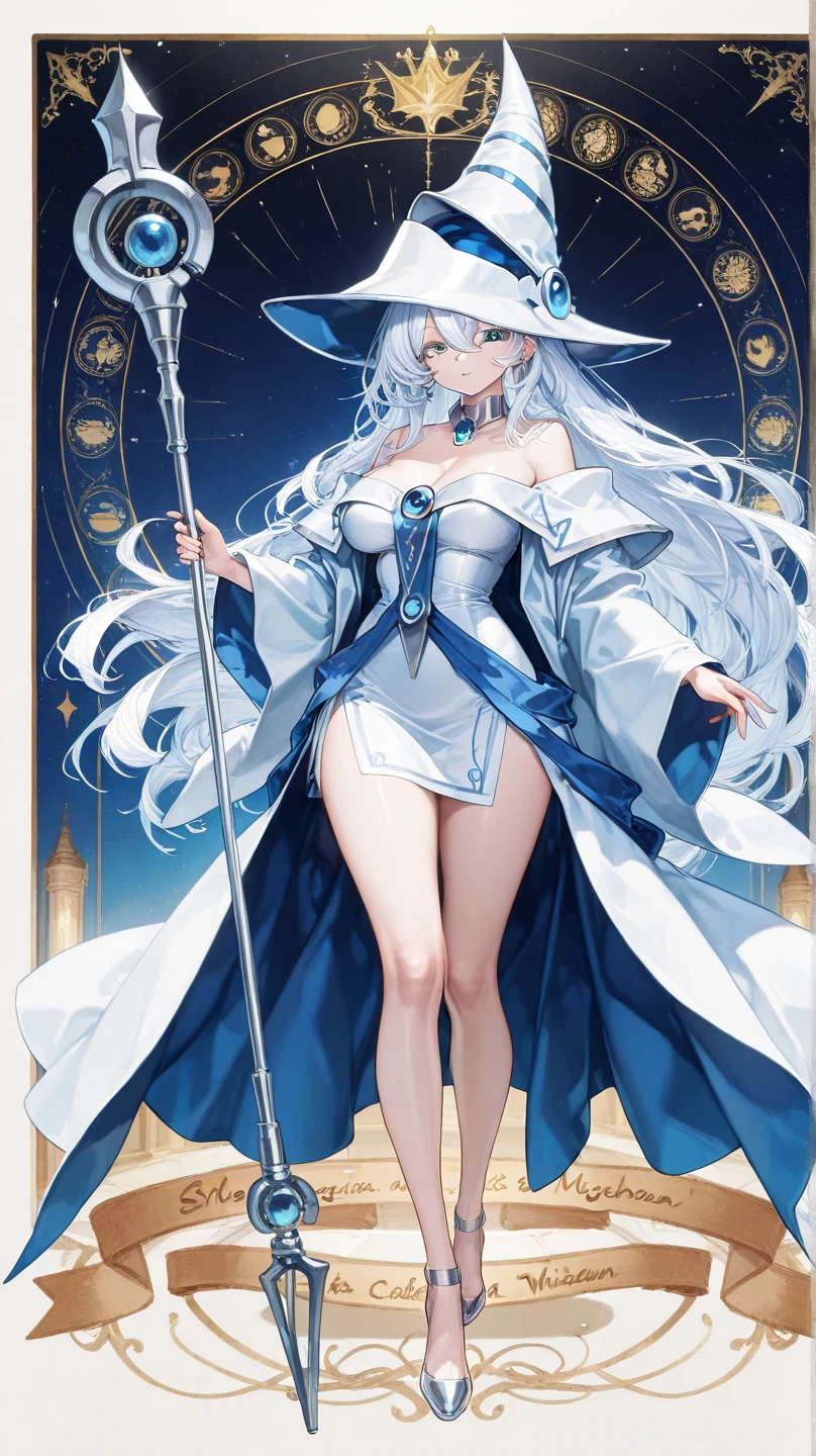 a cartoon of a woman dressed in a superhero costume holding a wand, witch academia, superhero sorceress witch, glamorous angewoman digimon, sky witch, by Aguri Uchida, maya ali as an ice mage, white tuxedo, leotard, solid white leotard with florescent blue accents, bare legs, white thigh-highs, winter boots, white witch hat, white hair, long hair, ponytail, green eyes, eye mask beautiful detailed eyes, beautiful detailed face, cute face, slightly large breasts, smile, wink, playful, flirty, age 16-18, solo, solo focus, wonder, concept art!!