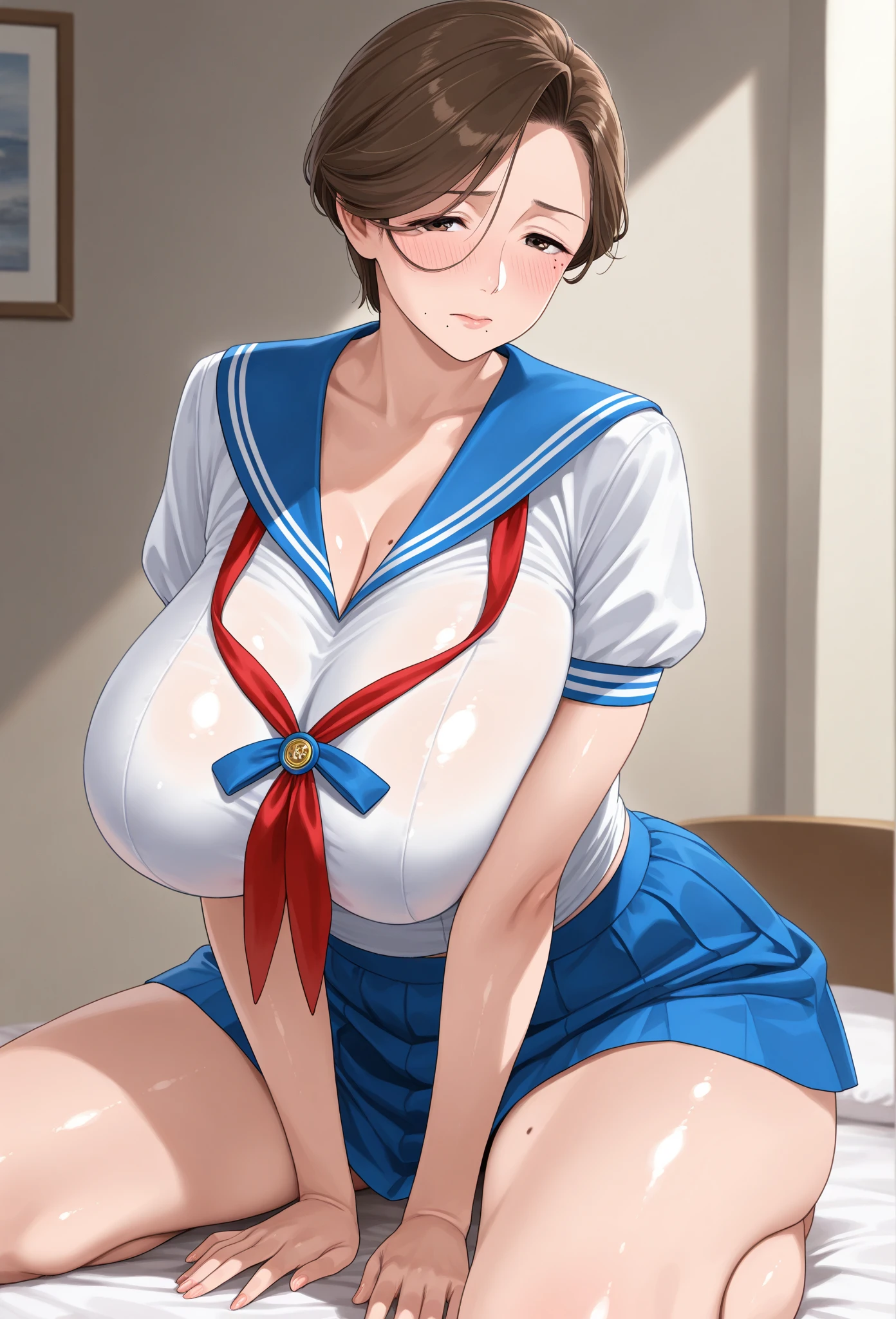 masterpiece, best quality, ultra-detailed, Potrait of beautiful , (chubby) (muscular), (plump), (sexly), (cleavage), ((tomboy)), (アニメ), (Breasts), (Plump), ((very short hair)), ((Uzaki Hana)), (overweight), (Gray Hair), ((Saggy breasts)), (blue eyes), (Short Hair), (blue eyes), ((thick)), (swimsuits),