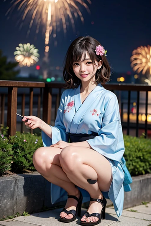 8K, RAW Photo, Best Quality, Masterpiece, Realistic, PhotoRealistic, Extremely Detailed 8K Wallpaper, (Beautifully Detailed Eyes), Finely Detailed Face, 
 BREAK 
Professional Lighting, 
 BREAK 
(A Girl is Playing Japanese Sparkler with Own Hand Extending to the Viewer:1.6), Pointing Fireworks to the Viewer:1.1, 
((Light Evening:1.2)), 
(marunouchiekimaehiroba:1.2), 
((lamppost, tree, scenery, building, sky, clock, city, real world location, road, street, window, cityscape, pavement)), 
 BREAK 
Perfectly Anatomically Correct:1.7, 5 Beautiful finger:1.7, 
 BREAK 
1 Girl, Very Short Hair Bun:1.2, Japanese, Kawaii, Wide-Set Eyes, Very White Skinned, Blush, Embarrassed, 17-Year-Old, 
(Captivating Eye Reflections), 
Peaceful, Smiling, Open Mouse Slightly, 
Brown Hair, Wet Hair, 
(SkyBlue Japanese Yukata:1.4), 
Looking Back Viewer, 
 BREAK 
[SFW:1.0], 
 BREAK 
by Telephoto Lens, Low Angle Shot, Eye Focus:1.0, Bokeh:1.1, from Back:1.0, from Side:1.0