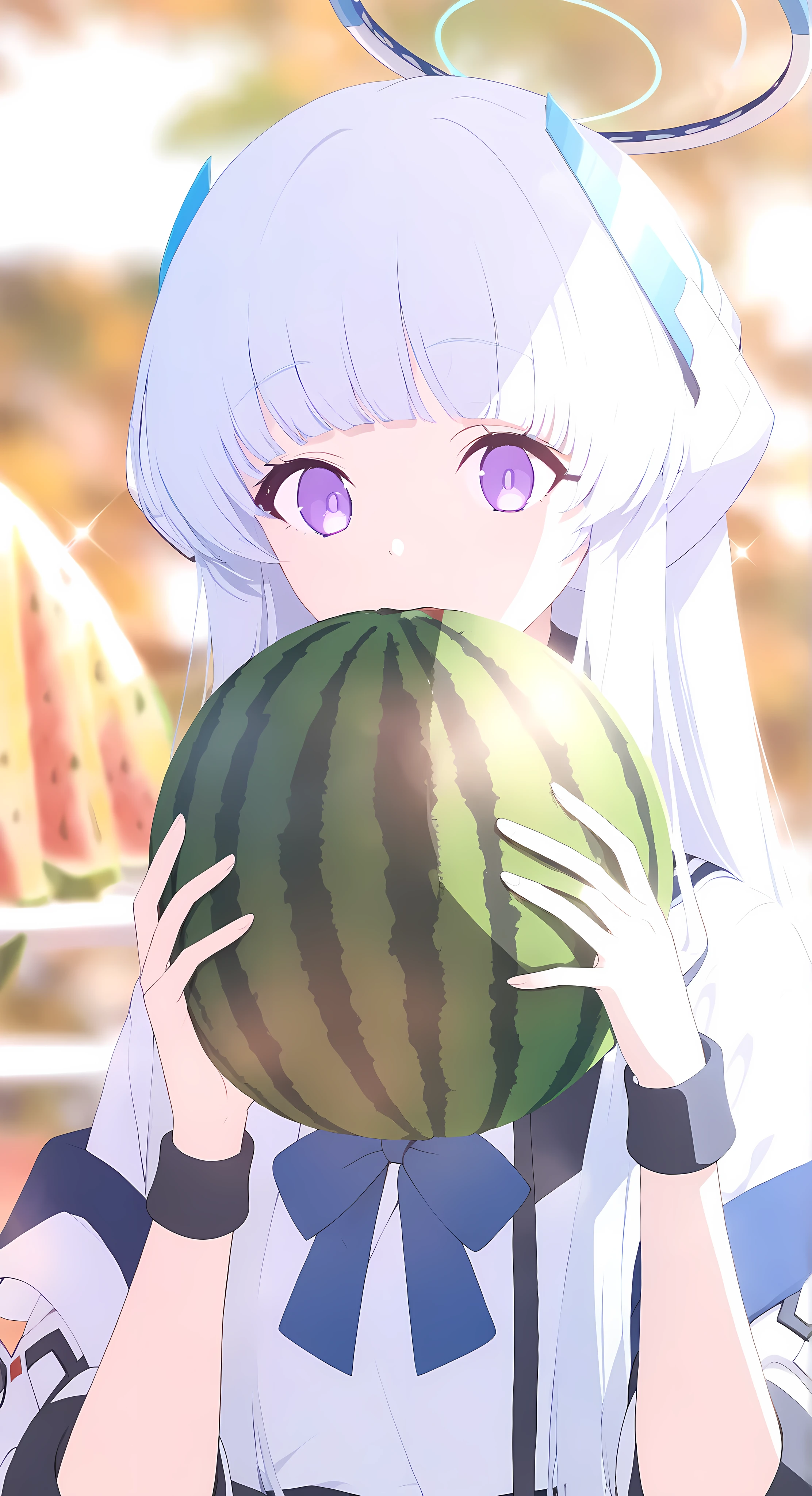 1girl,noa\(blue archive\),white hair,bangs ,blurry background ,blurry foreground,bokeh,depth of field,eyebrows visible through ,facing viewerhair,motion blur,solo,alternate_costume,watermelon,holding food, holding,