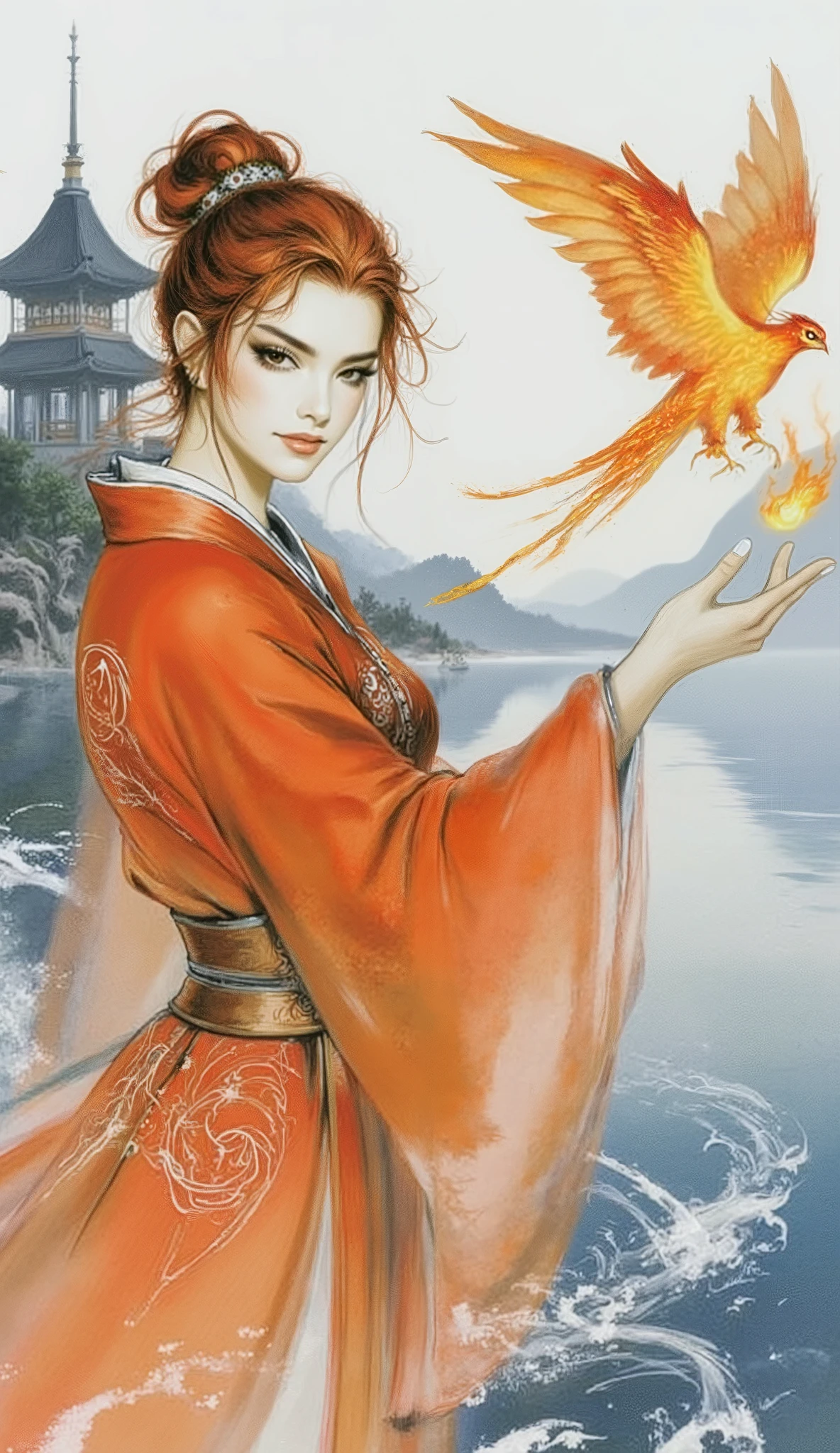 Anime aesthetic, dynamic wuxia concept art. A noble, powerful female warrior with striking, messy short crimson hair and side-swept bangs, pronounced arched eyebrows, and sharp, intelligent eyes. Slender, graceful build. She is dressed in an exquisite fantasy martial arts Taoist robe, solid-colored with voluminous, flowing sleeves and a matching elegant long skirt. The attire features an intricate phoenix totem rendered in living flames. Predominant color scheme of rich oranges and deep brownish-reds, with cool blue accents. The warrior elegantly glides across the mirror-like surface of a vast, serene lake, with an ancient, graceful Chinese pavilion in the background. A mystical spirit bird, formed entirely of ethereal fire, gracefully orbits her outstretched hand. Full body shot. Focus on perfect anatomical detail, especially for hands and limbs. Cinematic lighting, ultra-high detail, professional digital painting, stunning visual, creative masterpiece.