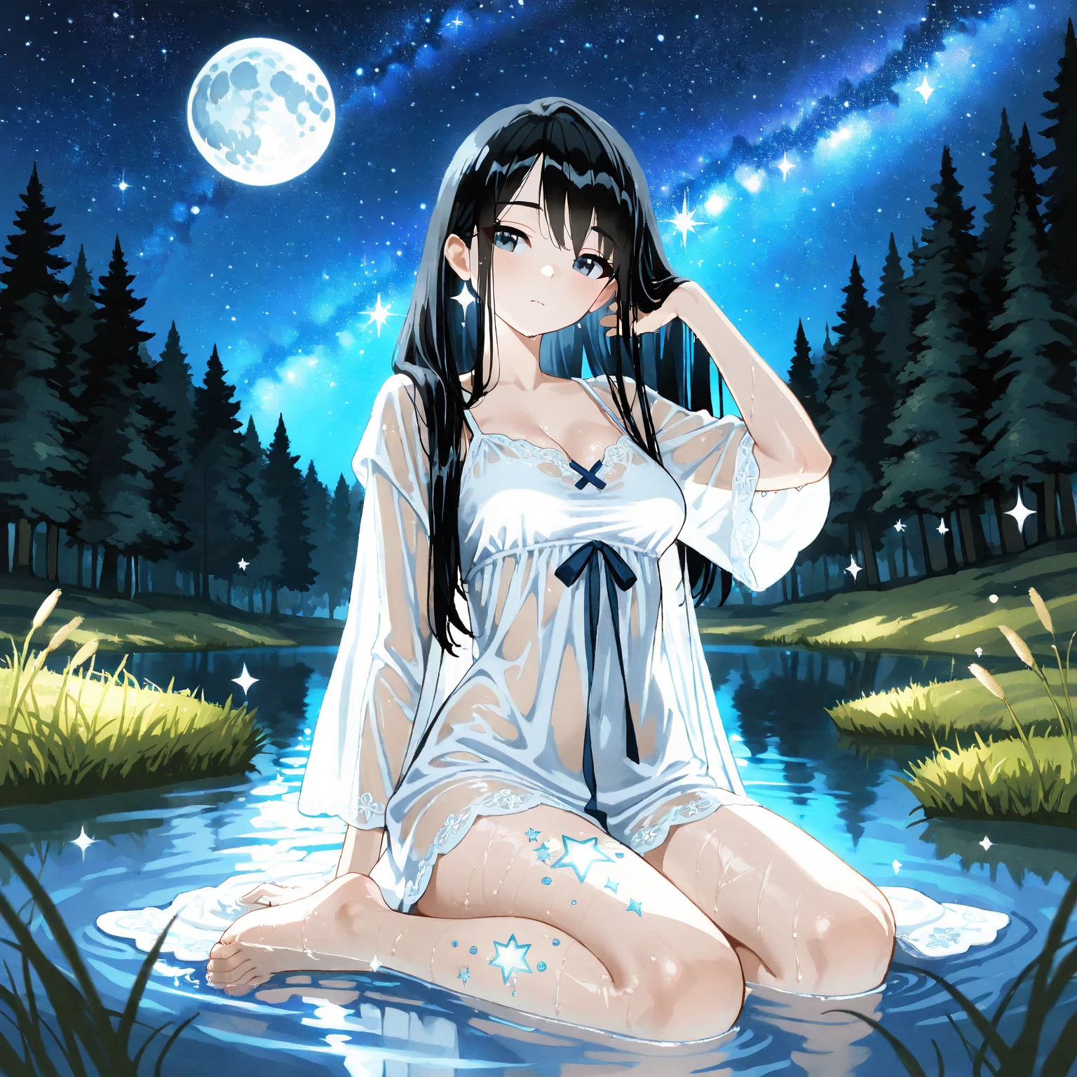 full body,low angle,from below,♥(white floral one piece swimsuit),((1girl,cute,young,Semi long beautiful black hair,blunt bangs,beautiful green eyes)),(solo),((masterpiece, highest resolution,best quality)), ((realistic:1.5,Beautiful girl RAW photo)),(White figure skate costume), (swimming in the spa), (looking at the viewer), innocent smile,cinematic lighting,beautiful outside open spa, rocks,natural beauty,full moon,night sky