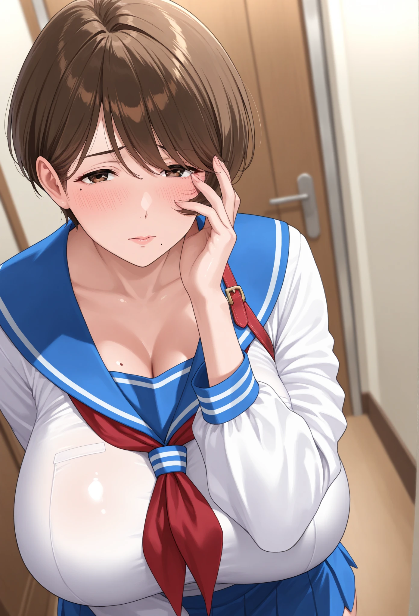 (head shot:1.2), (from above:1.2), frame in, from right in front of face and body, view straight on, upper body, High quality, very high res, High quality, very high res, cute girl, brown hair, forehead, blunt bangs, bob cut, blush, Brushed up bangs, wearing a plain t-shirt, shirt lift, medium breasts, pale pink nipples, I can see your belly button, (kneeling down pose), licking penis, (lick penis with tongue:1.2), fellatio, pleated skirt, at office