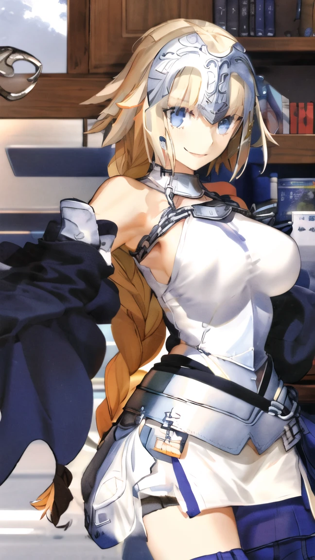 LeinaQuiron woman, 1girl, solo, , blush, blue eyes, blonde hair, large breastsage, braiand, armor, twin braids, side braid, short hair with long locks, buckle, shield BREAK (masterpiece, best quality:1.3), 4k, ultra-detailed, trending in pixiv BREAK (in the bar:1.4), (upper body, from side, selfie, foreshortening:1.4), smile, (sweat, shiny skin:1.2)