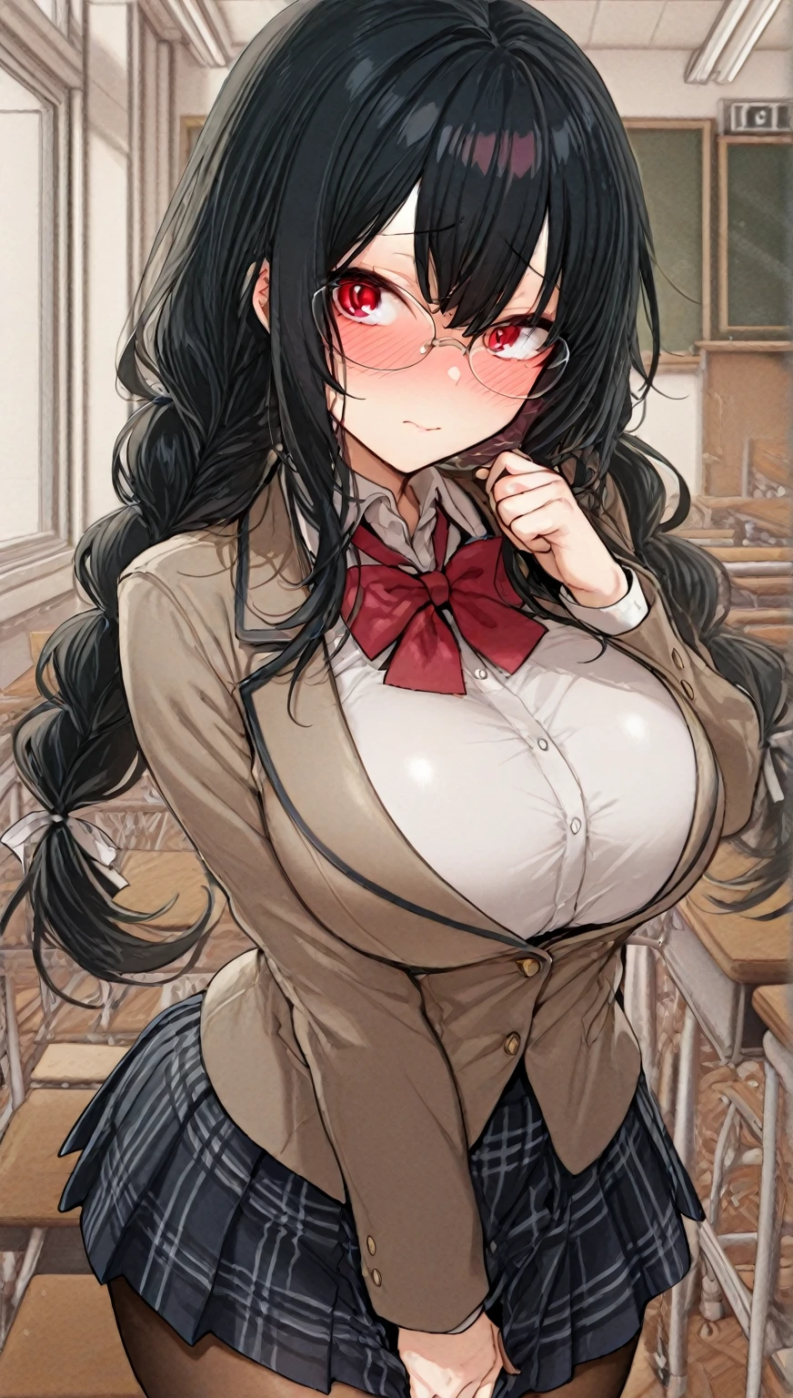 best quality,ultra-detailed (jk school uniform) 1girll,,{Black hair} (long whitr hair)(Lateral hair)(Shawl hair)(hair straight),(Glasses),(Yellow eyes),fleshy feeling,Fleshy legs,Large breasts,portraits,photorealistic,studio lighting,vivid colors,pleated skirt,white blouse,long socks,loose tie,ribbon,long hair,smiling faces,bright classroom background,beautiful detailed eyes,beautiful detailed lips,cheerful expressions,accessories like backpacks and books,typical school setting,playful poses,jk friends in the background,flower decorations,happy atmosphere